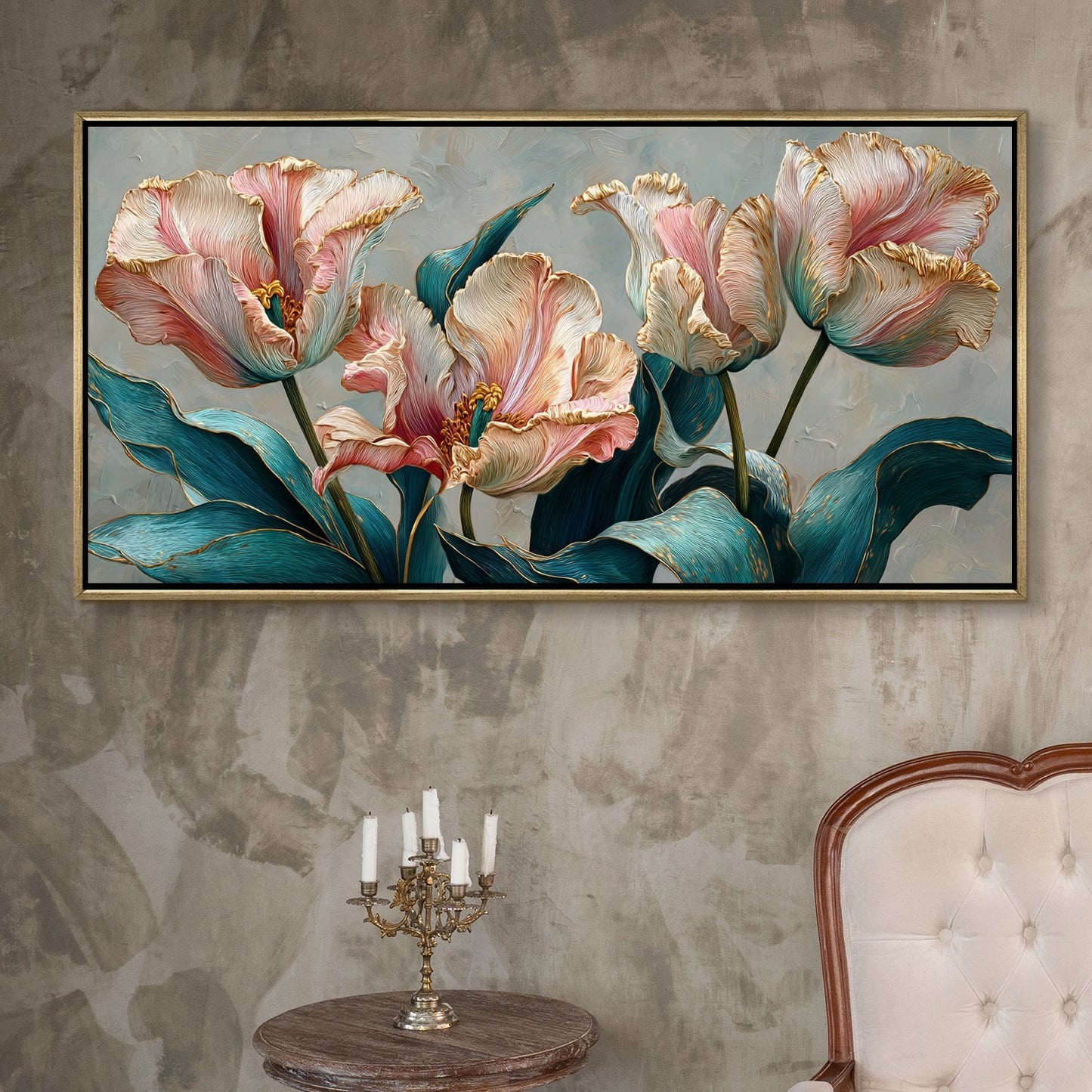 Floral Elegance in Teal, Blush & Gold Luxury Canvas Wall Art Decor