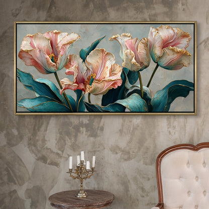 Floral Elegance in Teal, Blush & Gold Luxury Canvas Wall Art Decor