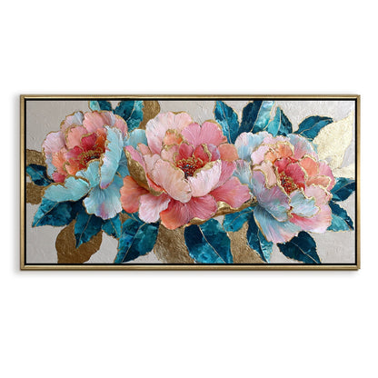 Pastel Peonies & Teal Leaves Luxury Floral Canvas Wall Art Decor
