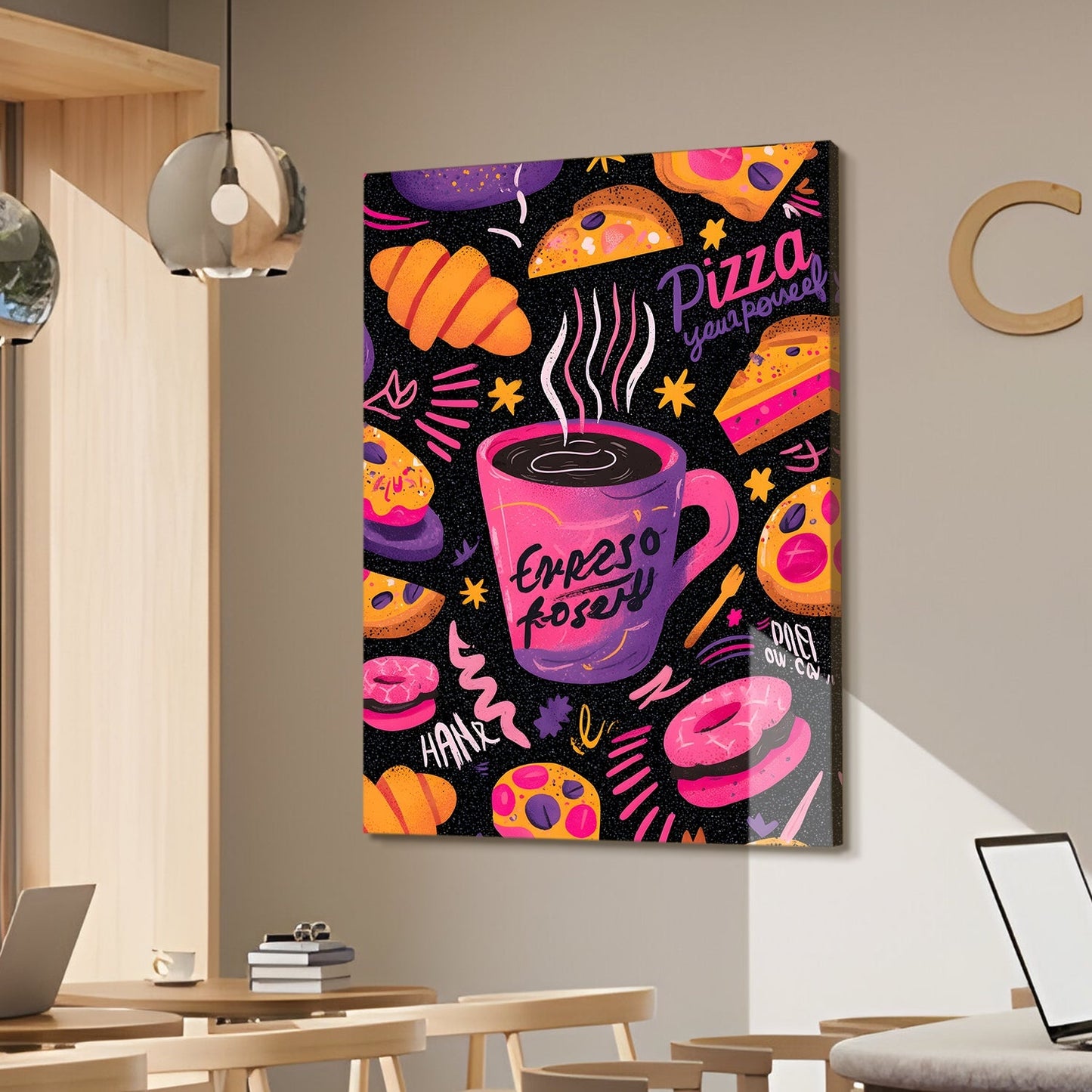 Espresso Coffee & Pizza Wall Art – Quirky Neon Café Canvas