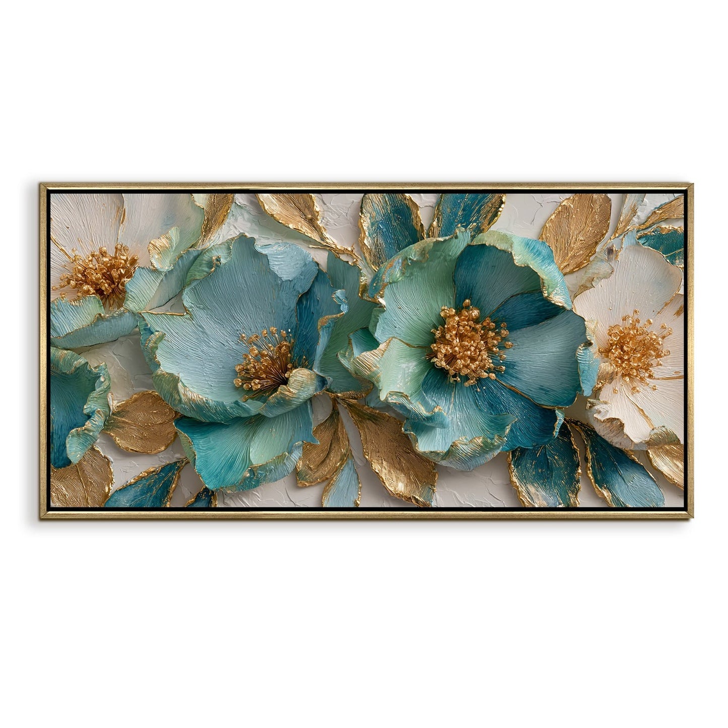 Luxury Teal & Gold Floral Canvas Wall Art for Elegant Home Decor