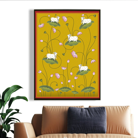 Sacred Cow Pichwai Art – Lotus Motif – Indian Heritage Wall