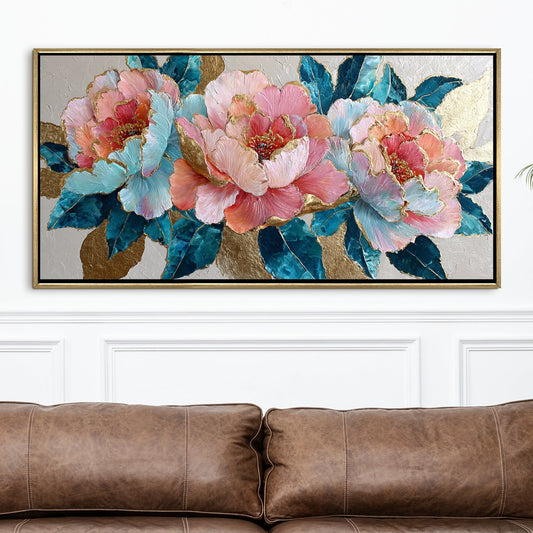 Pastel Peonies & Teal Leaves Luxury Floral Canvas Wall Art Decor