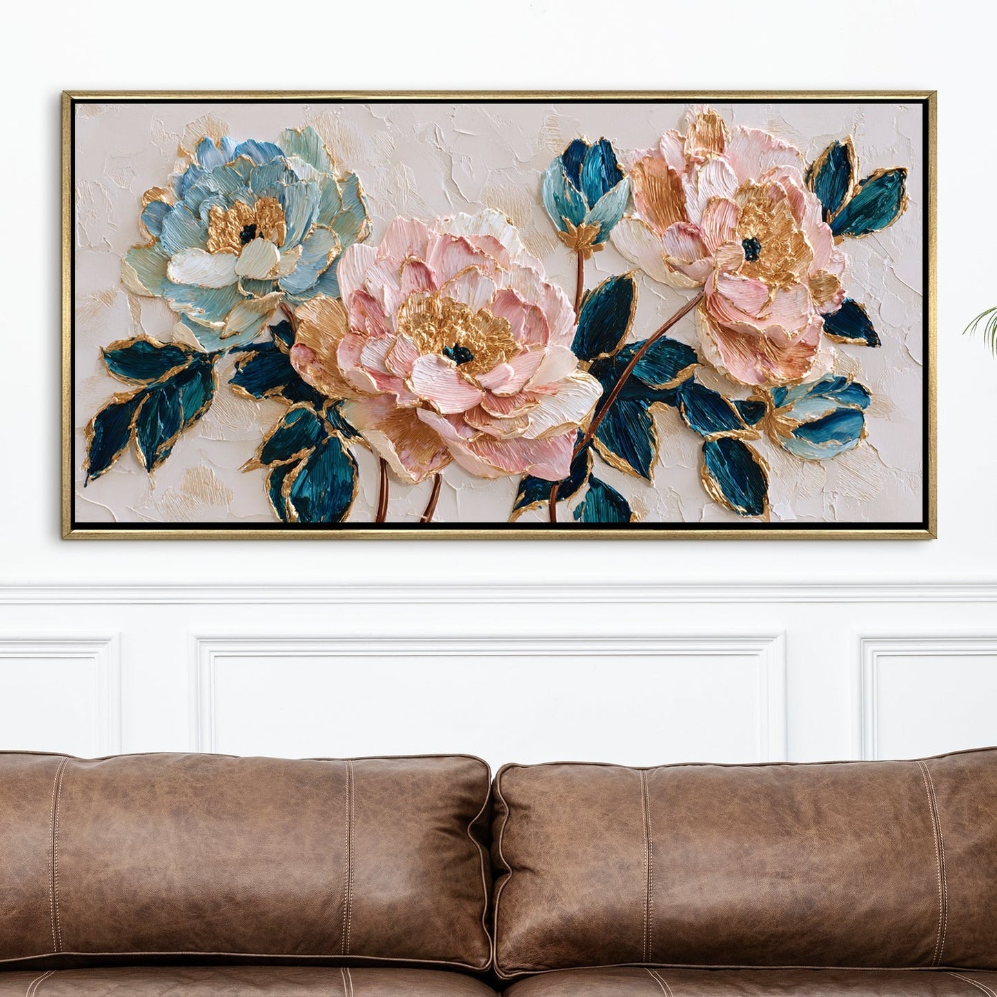 Blush Peonies with Teal Leaves Luxury Floral Canvas Wall Art Decor
