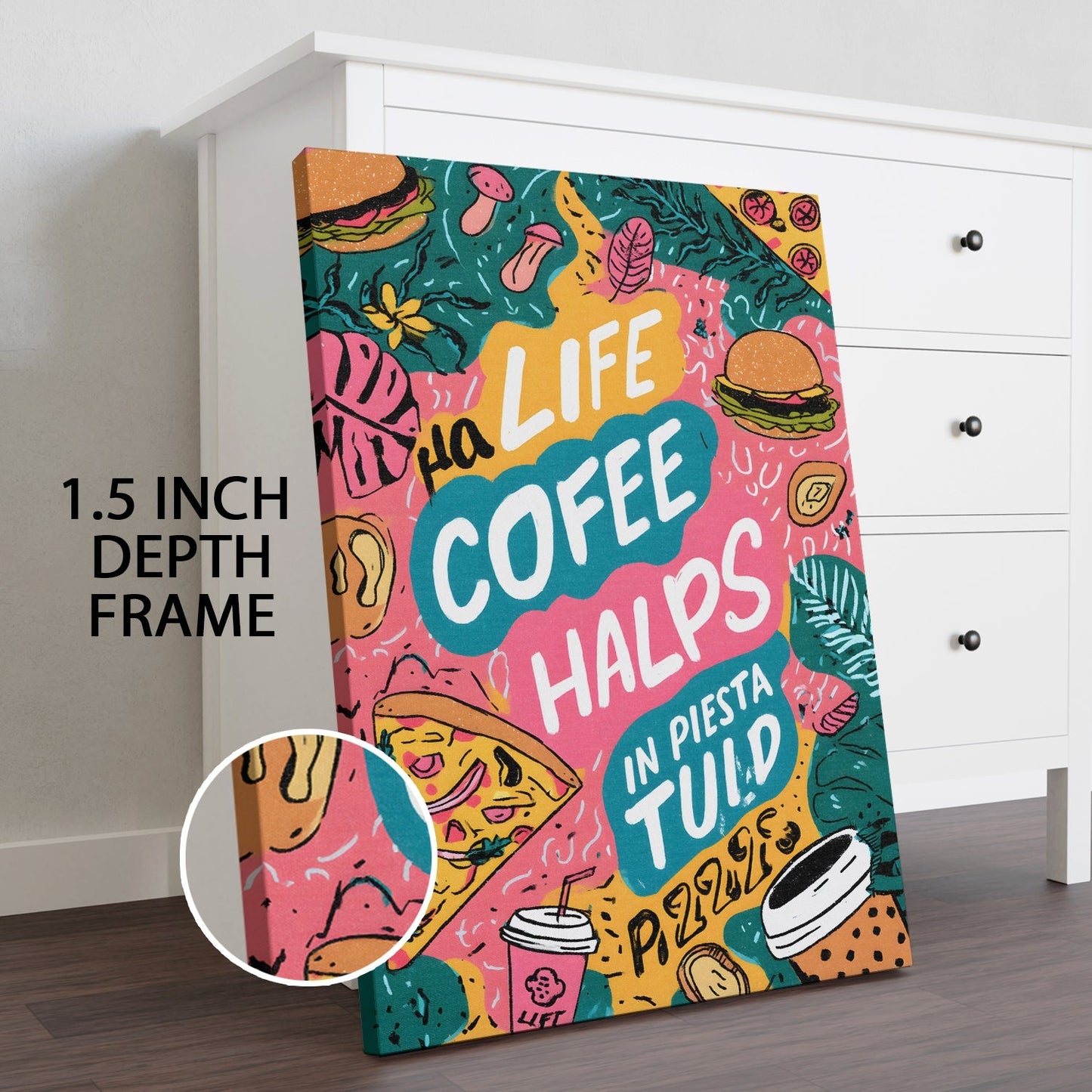 Funky Doodle Coffee Pizza Wall Art – Quote Kitchen Café Canvas