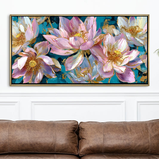 Golden Lotus Garden Luxury Floral Canvas Wall Art for Elegant Decor