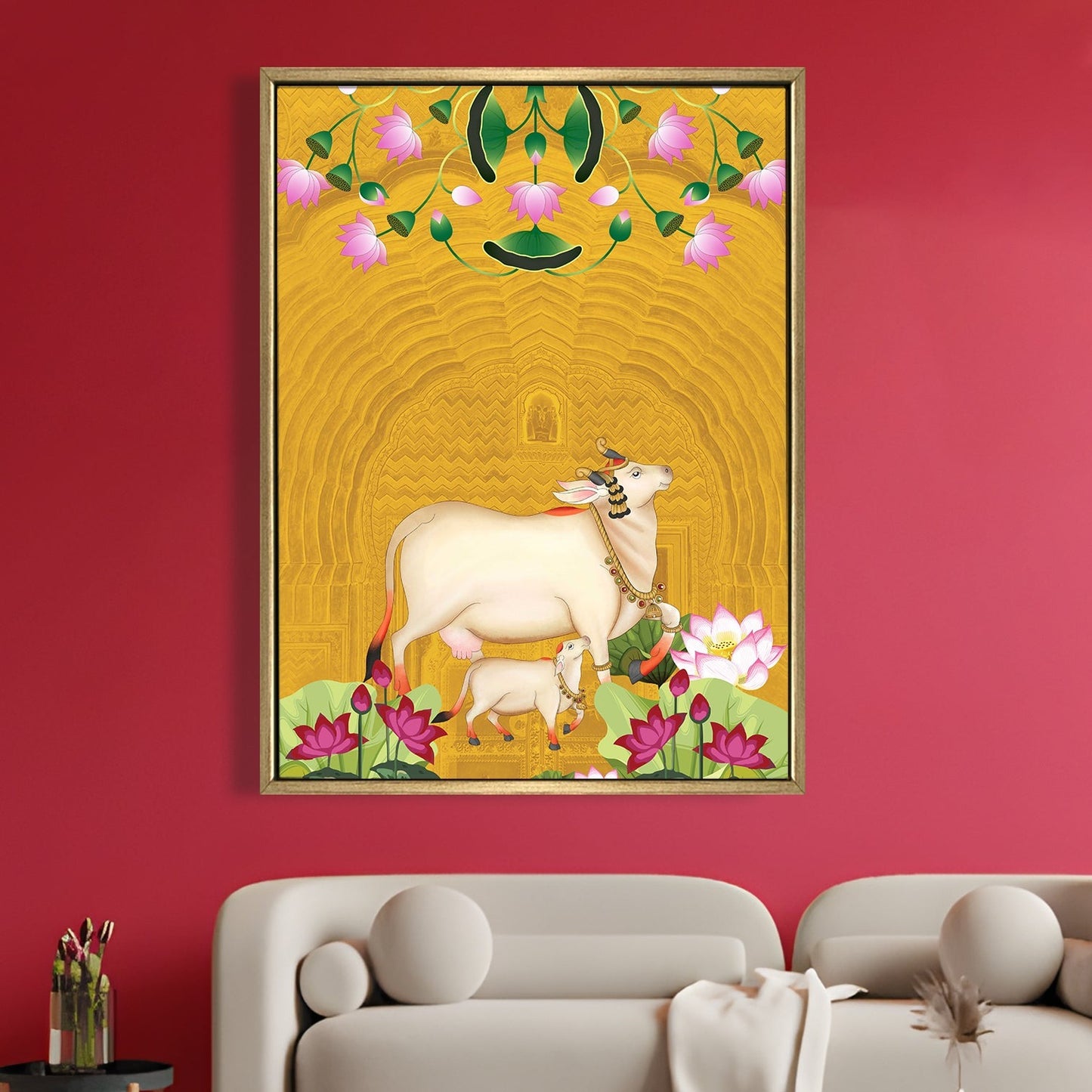 Sacred Cow Pichwai Art Lotus Motif Indian Heritage Canvas Wall Art