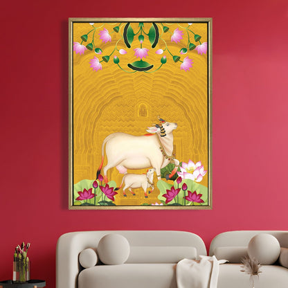Sacred Cow Pichwai Art Lotus Motif Indian Heritage Canvas Wall Art