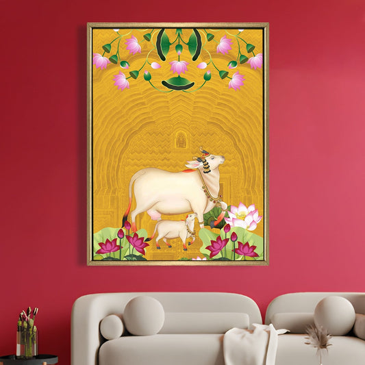 Sacred Cow Pichwai Art Lotus Motif Indian Heritage Canvas Wall Art