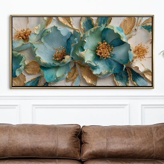 Luxury Teal & Gold Floral Canvas Wall Art for Elegant Home Decor