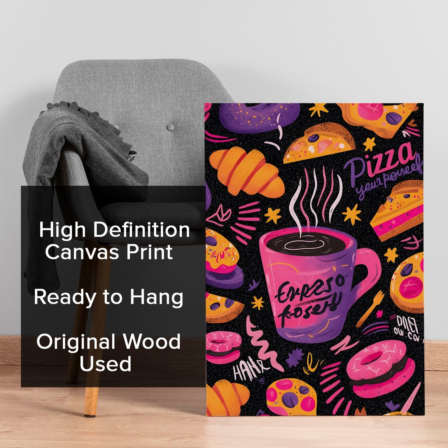 Espresso Coffee & Pizza Wall Art – Quirky Neon Café Canvas