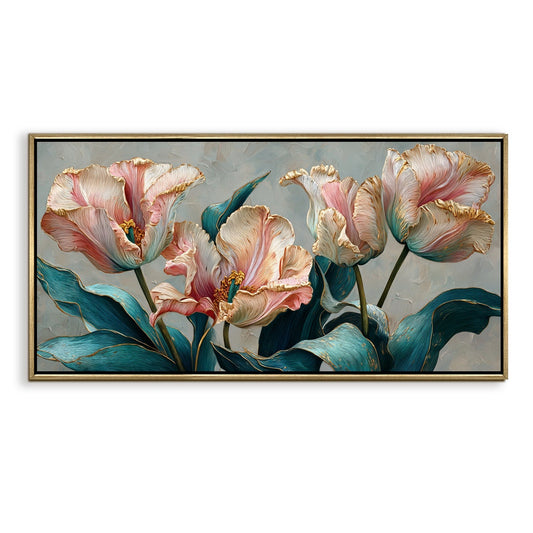Floral Elegance in Teal, Blush & Gold Luxury Canvas Wall Art Decor