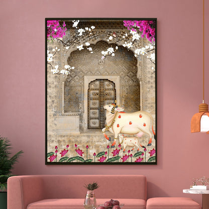 Traditional Pichwai Cow & Calf Indian Heritage Canvas Wall Art