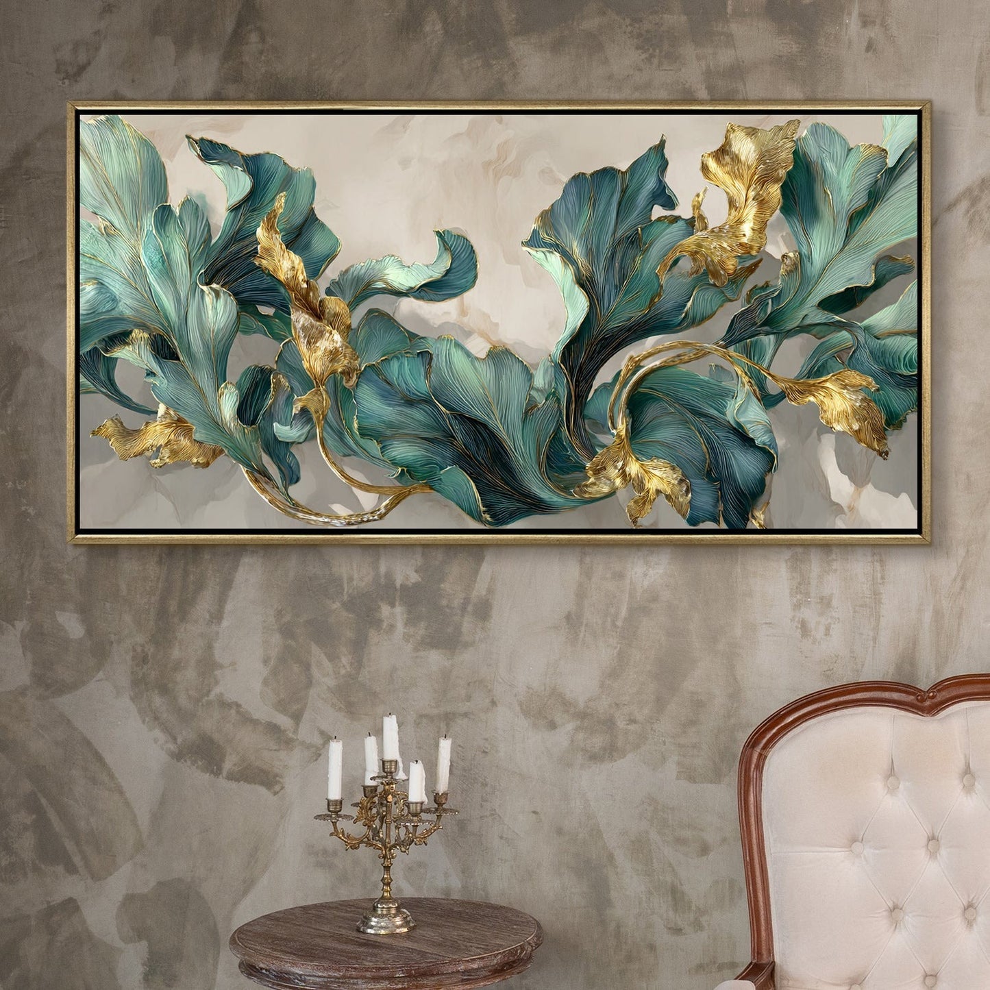 Floral Elegance in Teal, Blush & Gold Luxury Canvas Wall Art Decor