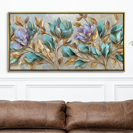 Teal Petals & Gold Leaves Luxury Floral Canvas Wall Art Decor