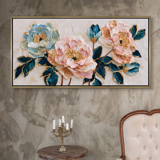 Blush Peonies with Teal Leaves Luxury Floral Canvas Wall Art Decor