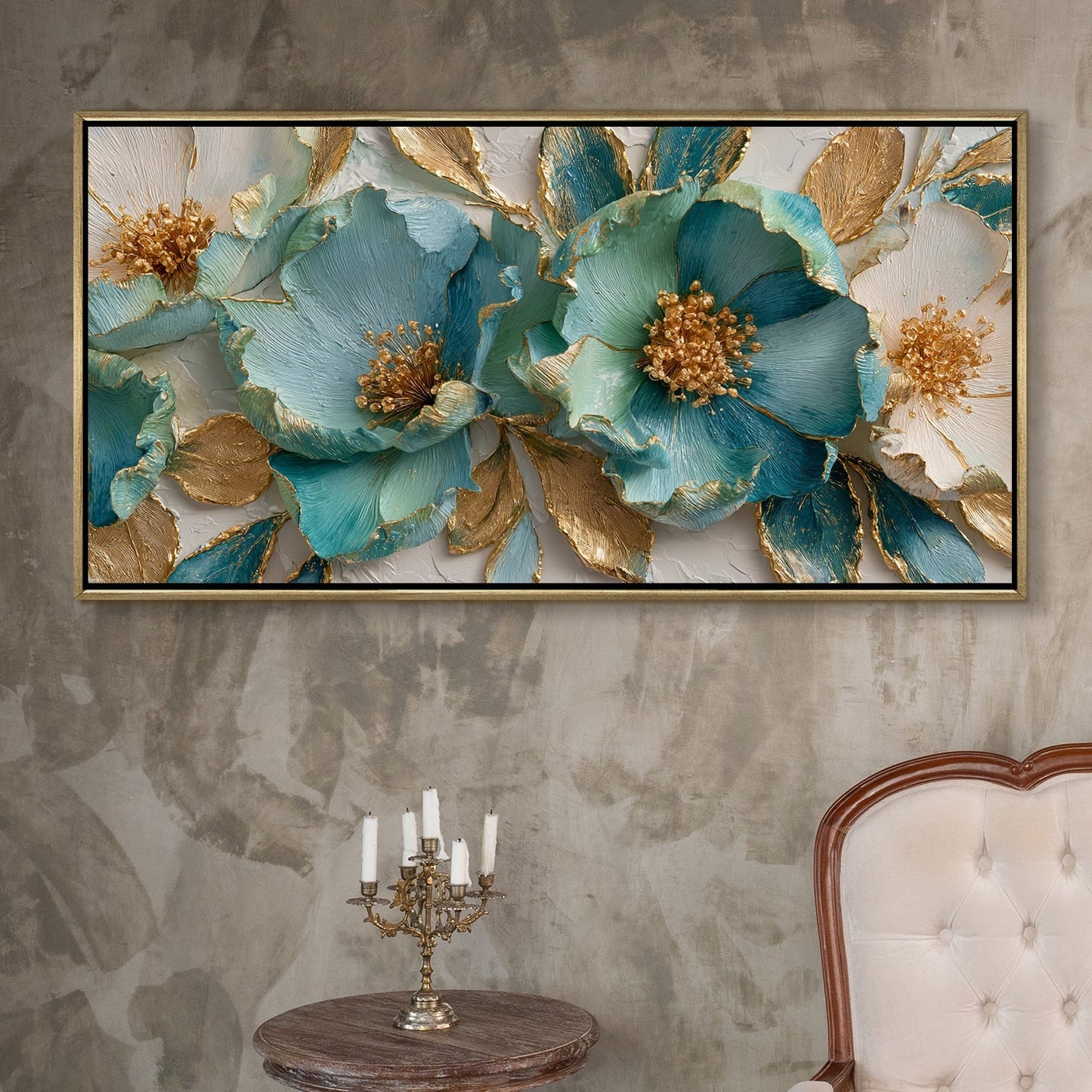 Luxury Teal & Gold Floral Canvas Wall Art for Elegant Home Decor