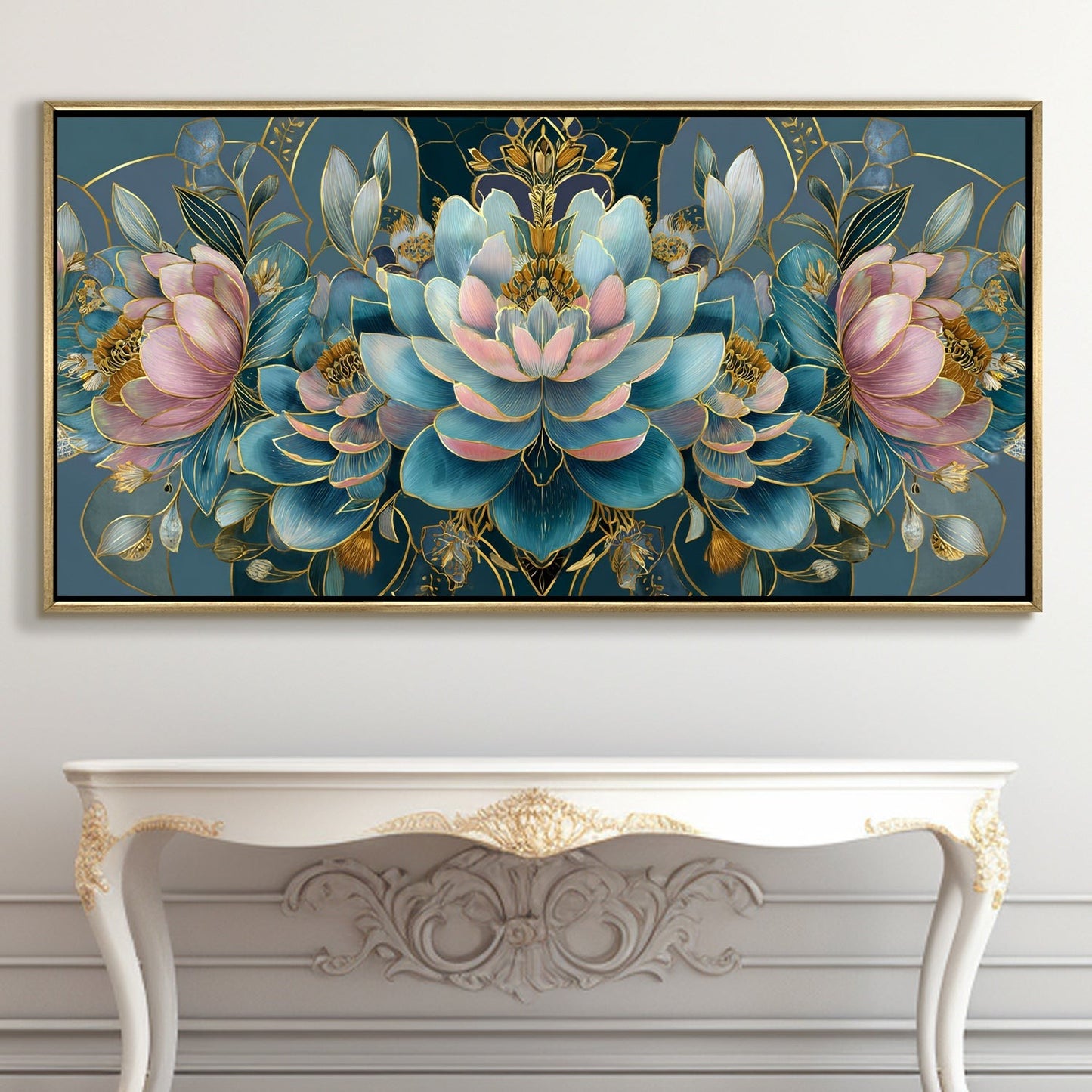 Floral Elegance in Teal, Blush & Gold Luxury Floral Canvas Wall Art