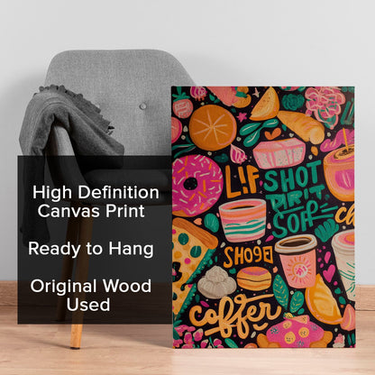 Funky Coffee & Donut Wall Art – Doodle Style Café Canvas