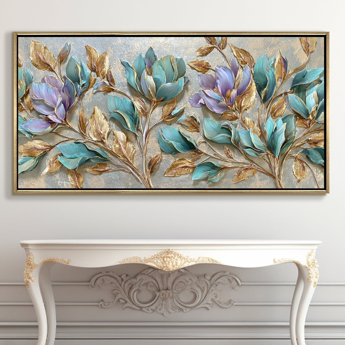 Teal Petals & Gold Leaves Luxury Floral Canvas Wall Art Decor