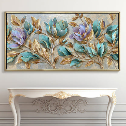 Teal Petals & Gold Leaves Luxury Floral Canvas Wall Art Decor