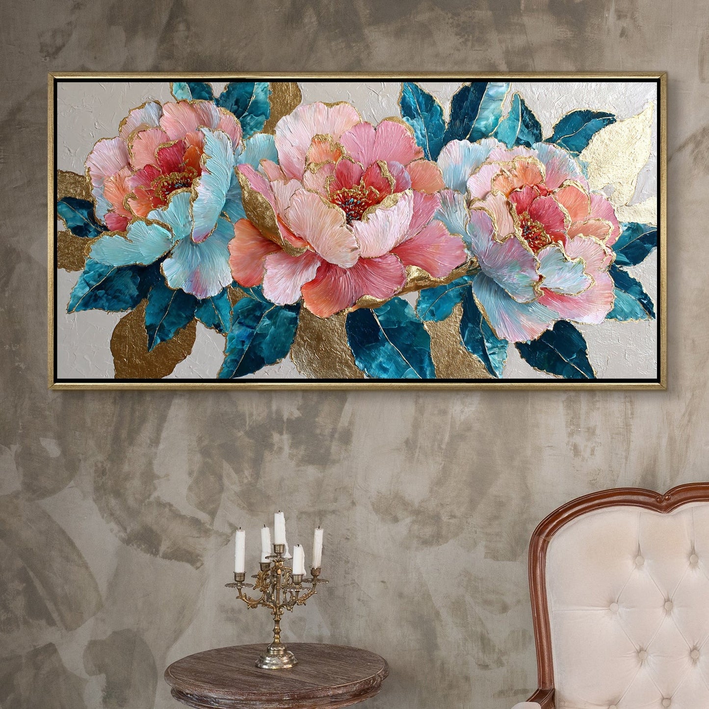 Pastel Peonies & Teal Leaves Luxury Floral Canvas Wall Art Decor
