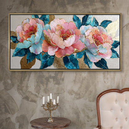 Pastel Peonies & Teal Leaves Luxury Floral Canvas Wall Art Decor