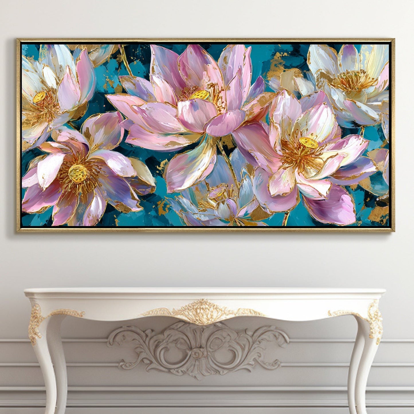 Golden Lotus Garden Luxury Floral Canvas Wall Art for Elegant Decor