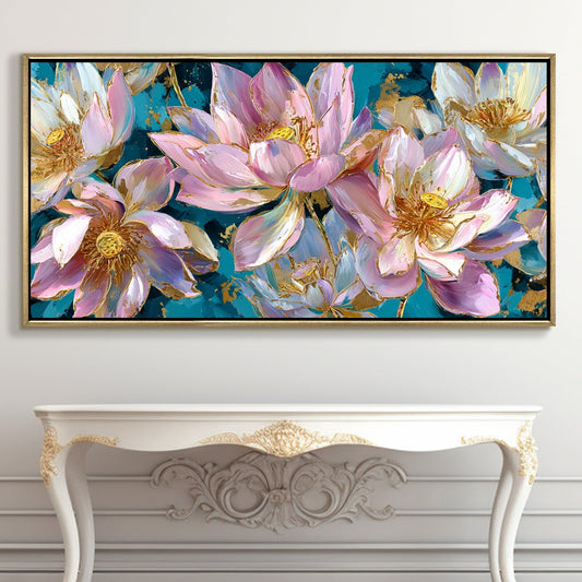Golden Lotus Garden Luxury Floral Canvas Wall Art for Elegant Decor