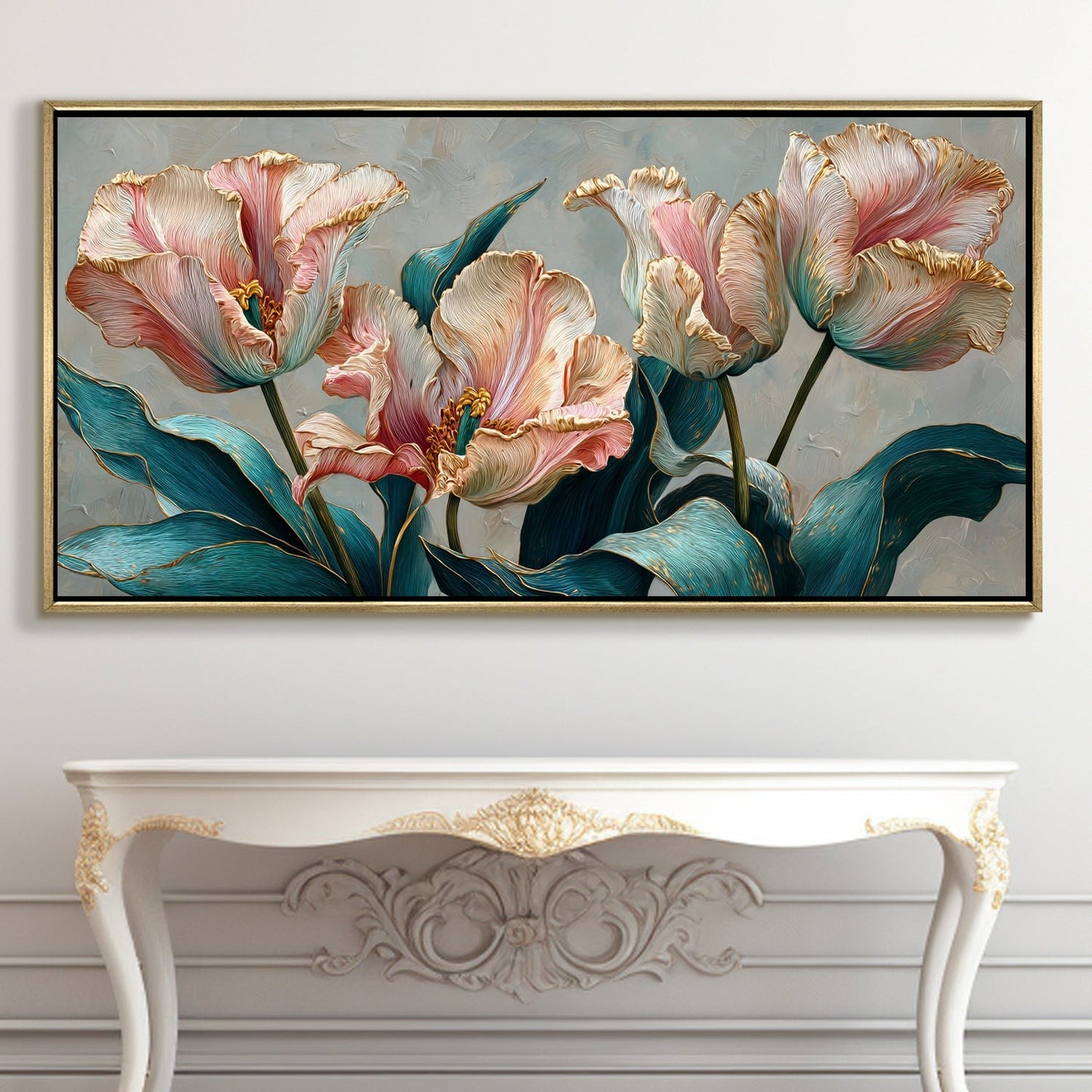 Floral Elegance in Teal, Blush & Gold Luxury Canvas Wall Art Decor
