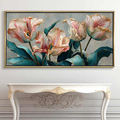 Floral Elegance in Teal, Blush & Gold Luxury Canvas Wall Art Decor