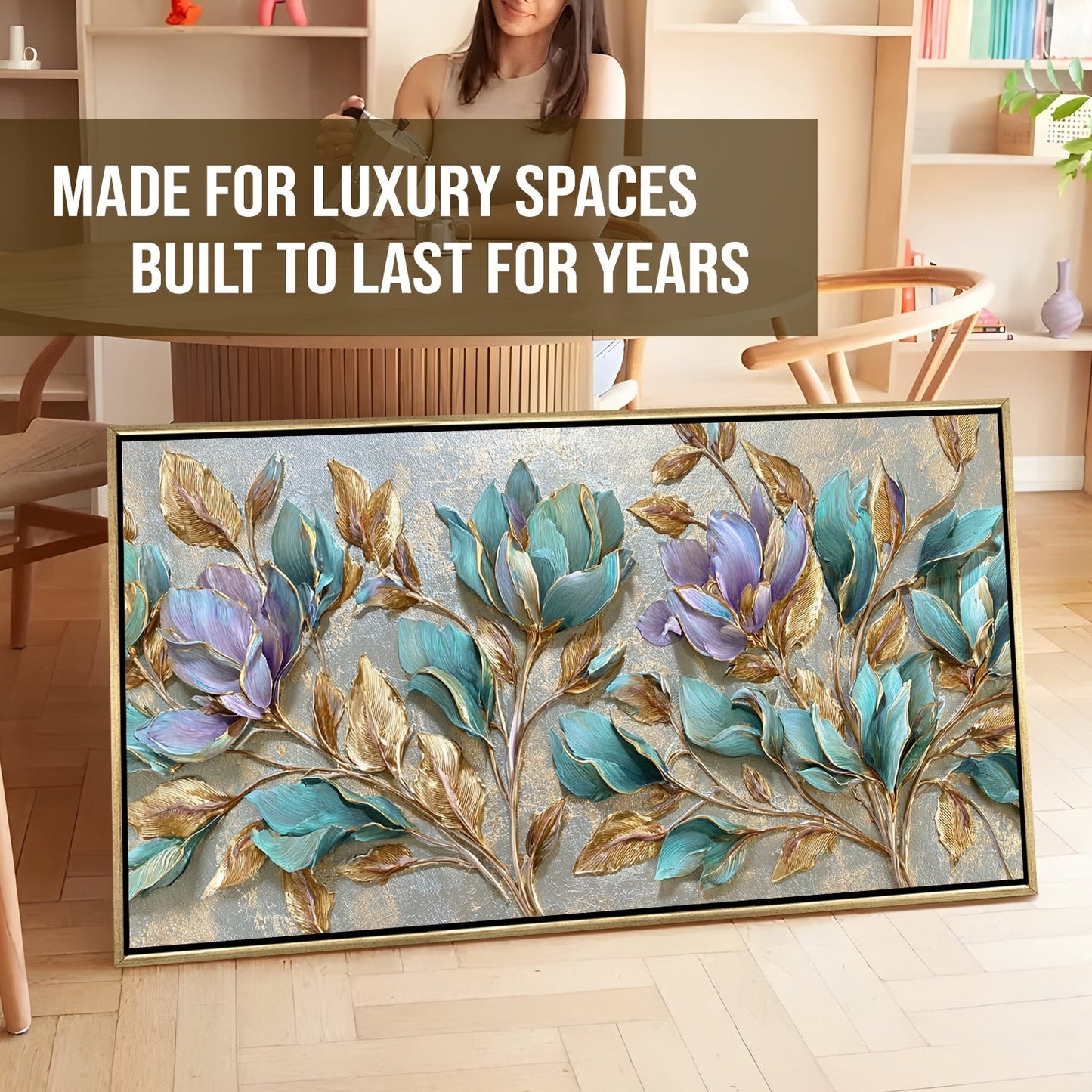Teal Petals & Gold Leaves Luxury Floral Canvas Wall Art Decor
