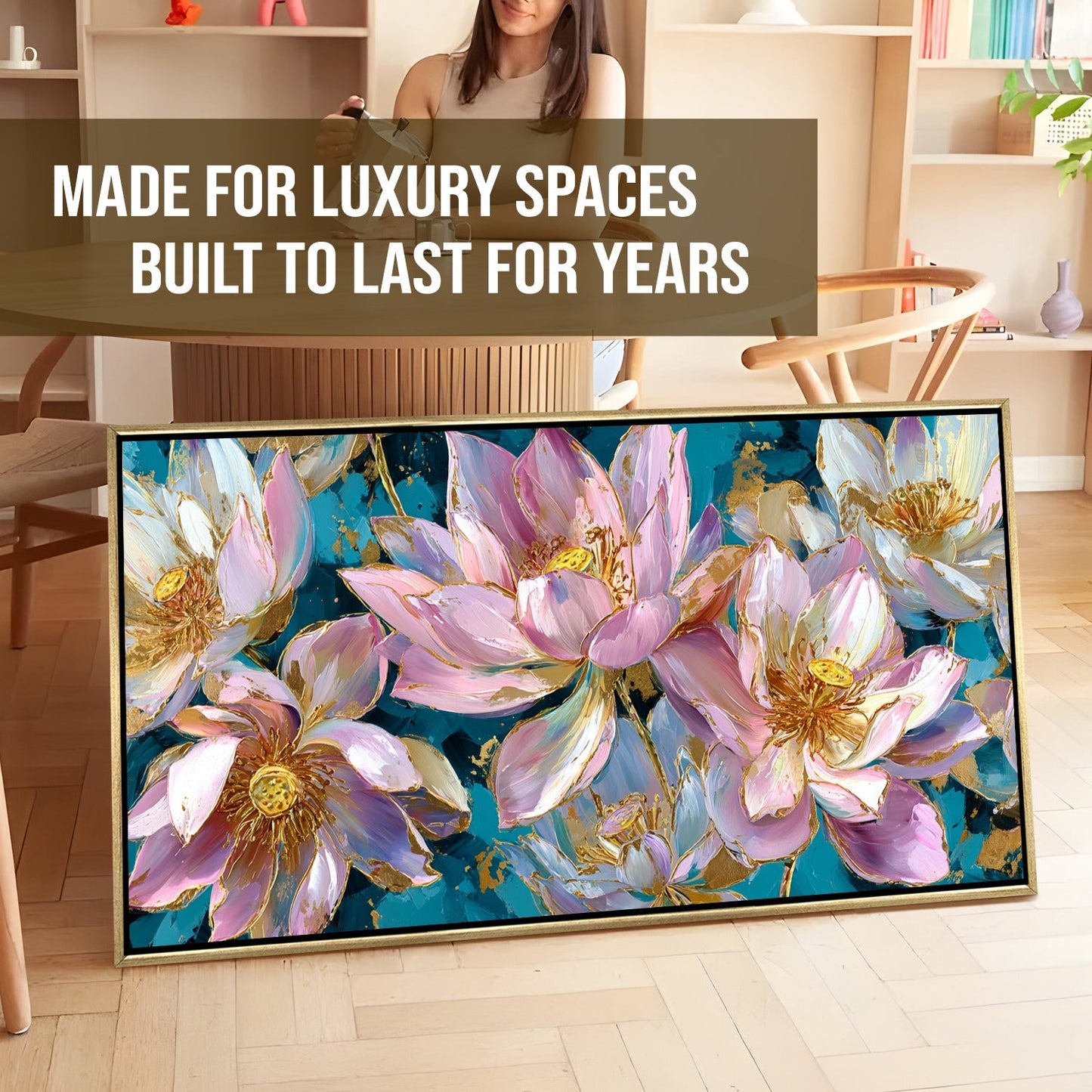 Golden Lotus Garden Luxury Floral Canvas Wall Art for Elegant Decor