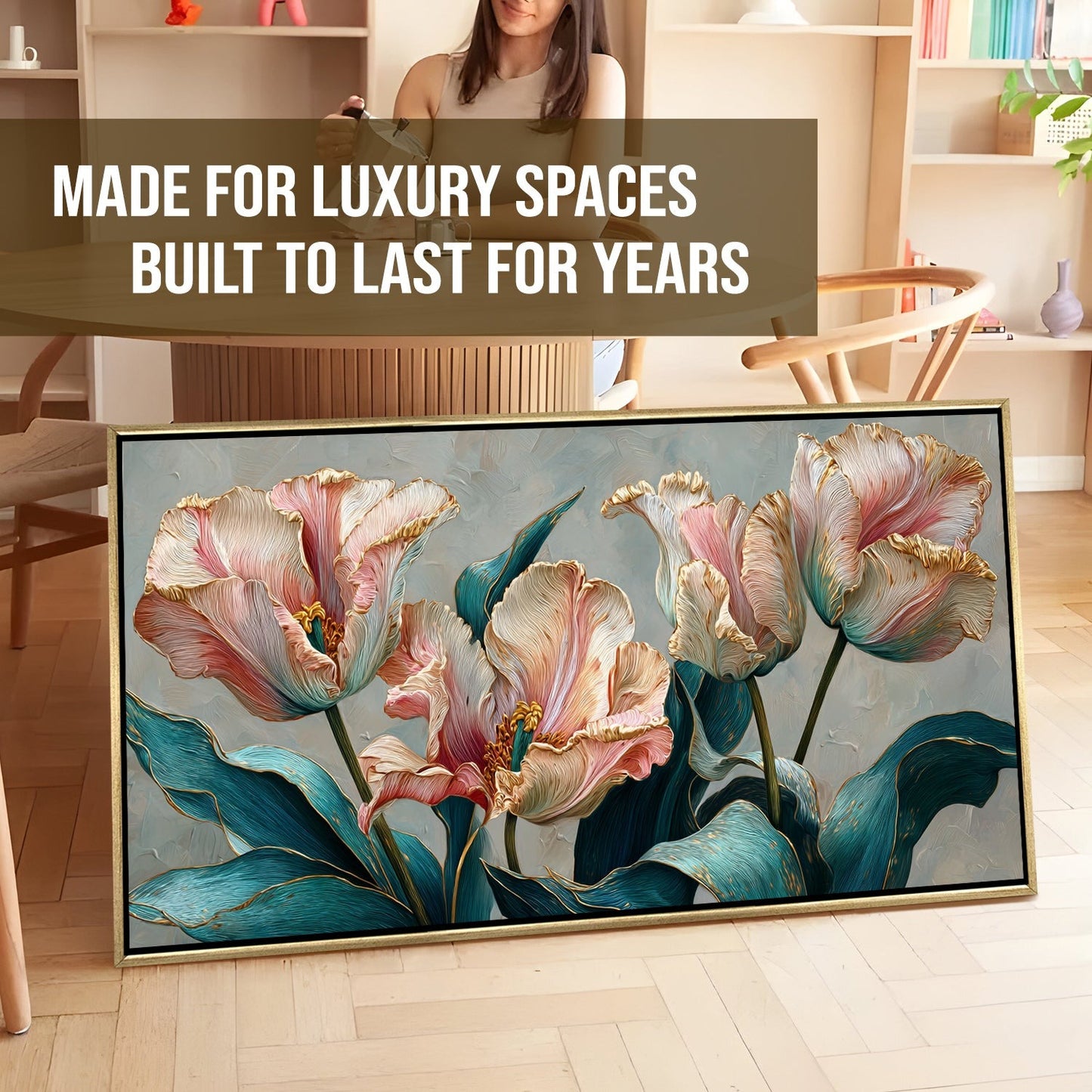 Floral Elegance in Teal, Blush & Gold Luxury Canvas Wall Art Decor