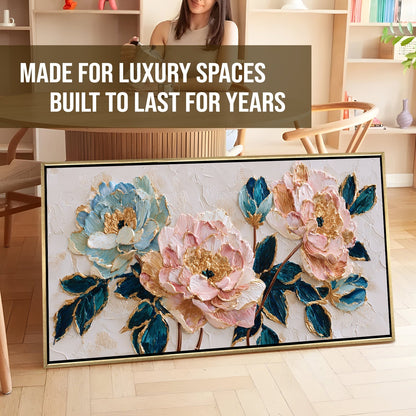 Blush Peonies with Teal Leaves Luxury Floral Canvas Wall Art Decor