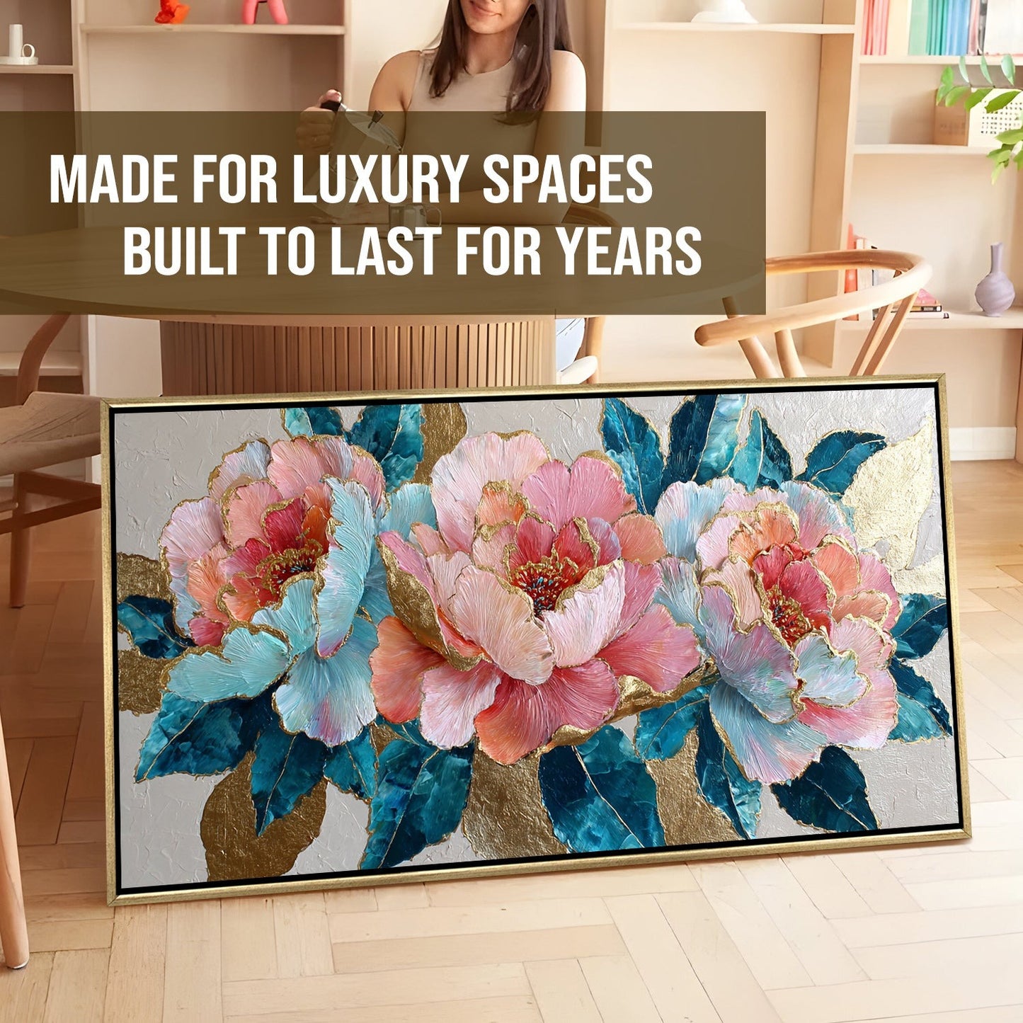 Pastel Peonies & Teal Leaves Luxury Floral Canvas Wall Art Decor