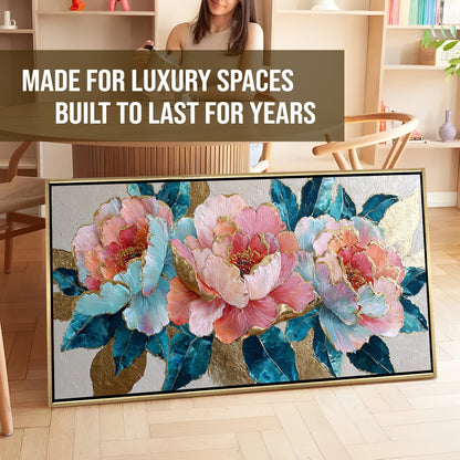 Pastel Peonies & Teal Leaves Luxury Floral Canvas Wall Art Decor