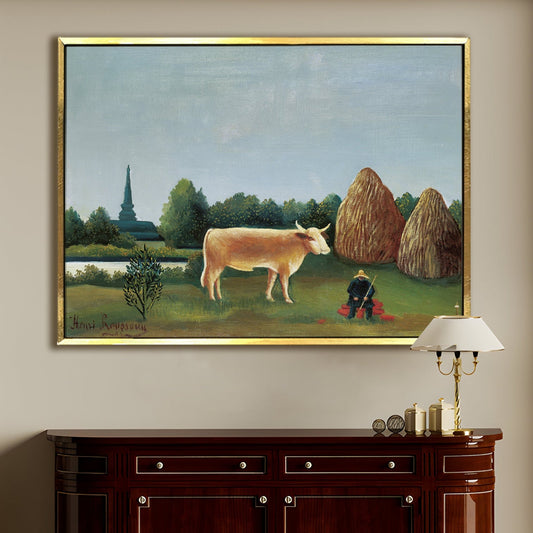 Landscape with Cow and Haystacks Henri Rousseau Canvas Wall Art