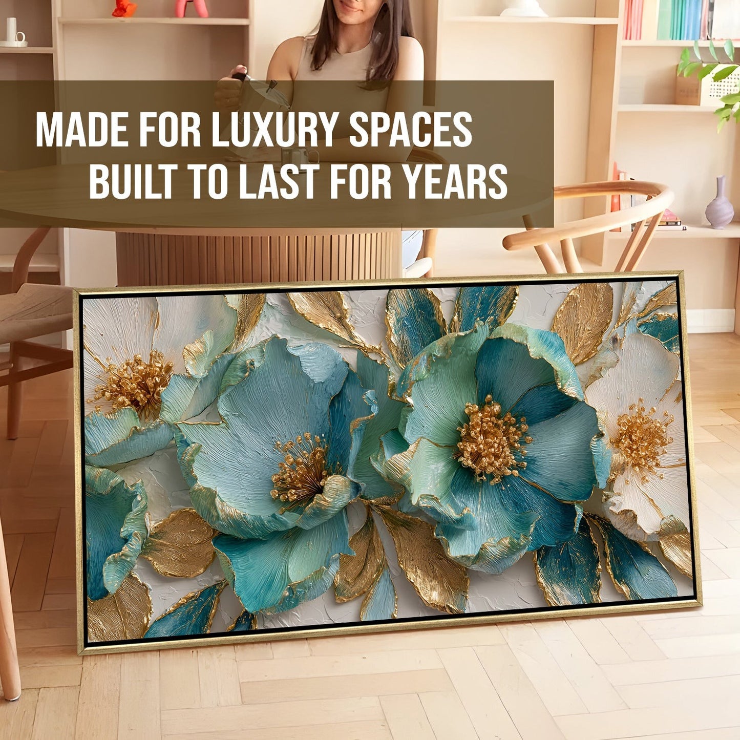 Luxury Teal & Gold Floral Canvas Wall Art for Elegant Home Decor