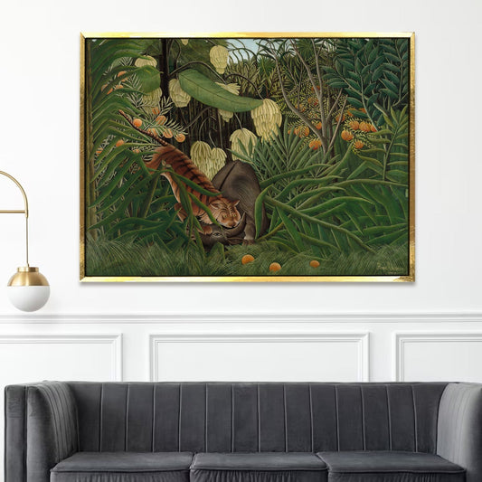 Tiger vs Buffalo Fight Canvas Wall Art Wildlife Battle Painting