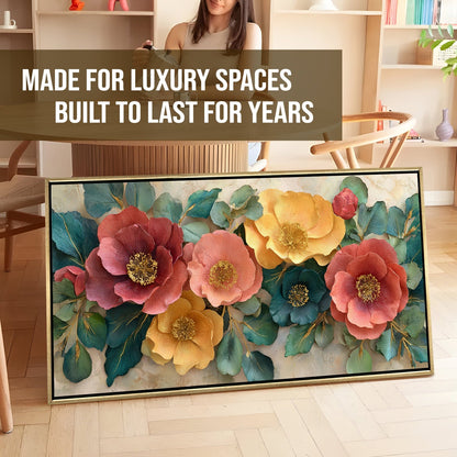 Luxury Floral Wall Art with Warm Pastels & Teal Foliage Canvas Painting