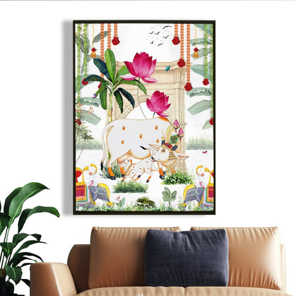 Traditional Pichwai Cow & Calf Indian Heritage Canvas Wall Art