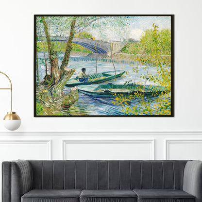 Fishing Boat and Bridge Canvas Wall Art Large Size by Vincent Van Gogh Framed Artwork For Office Living Room Bedroom Home Décor (VAWA08).
