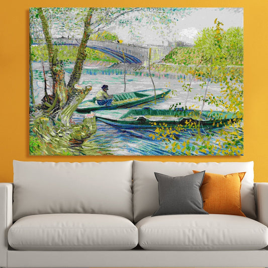Fishing Boat and Bridge Canvas Wall Art Large Size by Vincent Van Gogh Framed Artwork For Office Living Room Bedroom Home Décor (VAWA08).