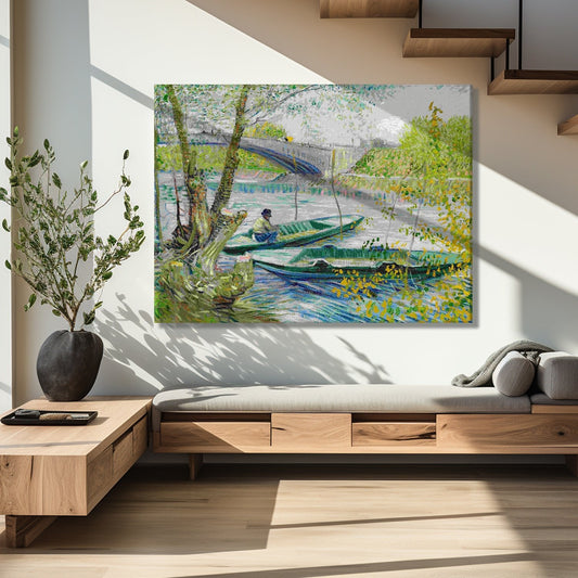 Fishing Boat and Bridge Canvas Wall Art Large Size by Vincent Van Gogh Framed Artwork For Office Living Room Bedroom Home Décor (VAWA08).