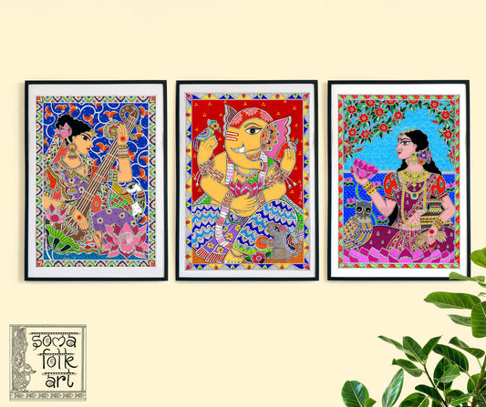 Lakshmi Ganesh And Saraswati Canvas Wall Painting