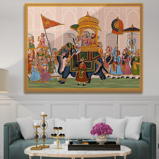 Mughal King Riding Elephant Canvas Wall Art