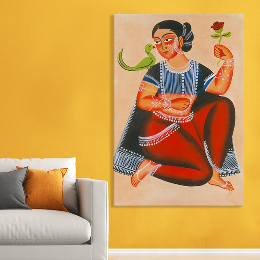 Lady with Parrot and Rose Canvas Wall Art  Painting 