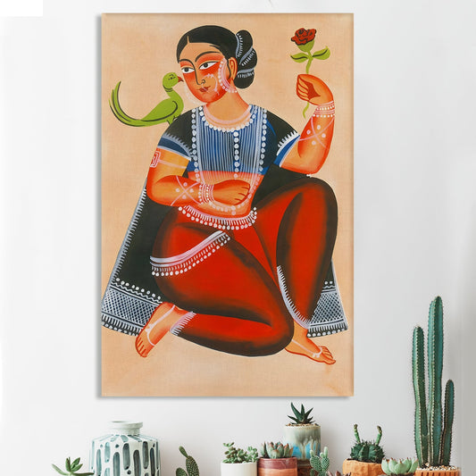 Lady with Parrot and Rose Canvas Wall Art  Painting 