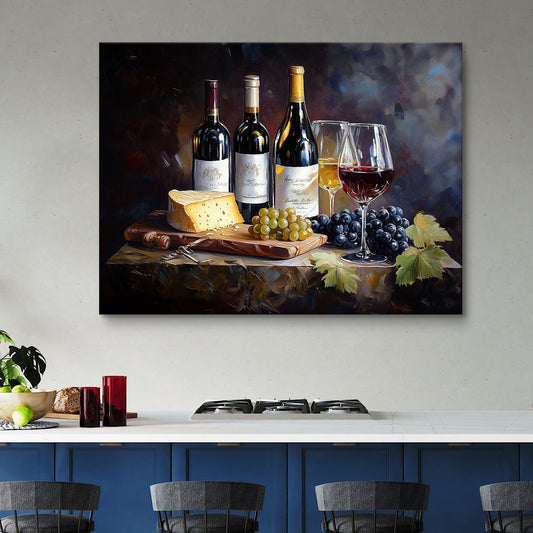Still life with wine and cheese Canvas Wall Art 